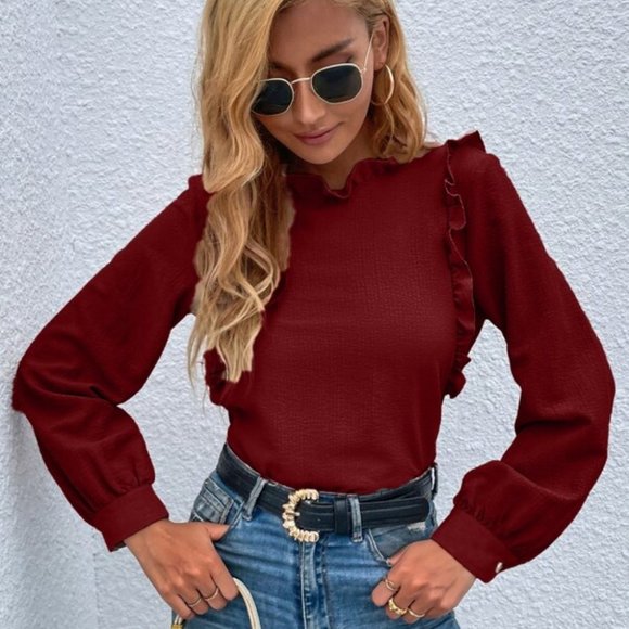 burgundy Ruffle Detail Blouse - Picture 6 of 7